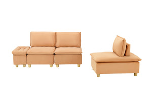 English Elm 104-inch pumpkin flannel three-seater sofa with storage cabinet, cup holders, adjustable backrest, comfy modern design Light Brown W1658S00095