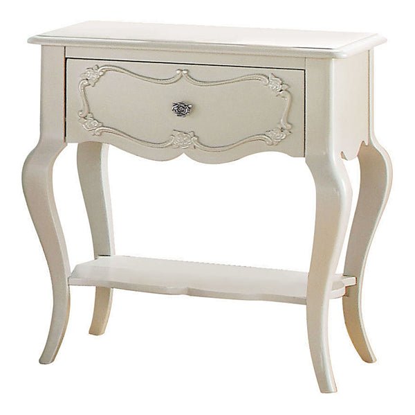 English Elm Pearl Scalloped 1-Drawer Nightstand with Shelf — Elegant Pearl White Pine Accent Table with Storage and Display (26"H) B062P209006