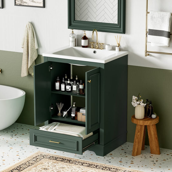 English Elm 24'' Bathroom Vanity with Ceramic Sink Combo Modern Freestanding MDF Cabinet with Soft-Close Doors and Sleek Silver Handles for Spacious Organized Bathroom Storage Green N710P194893F