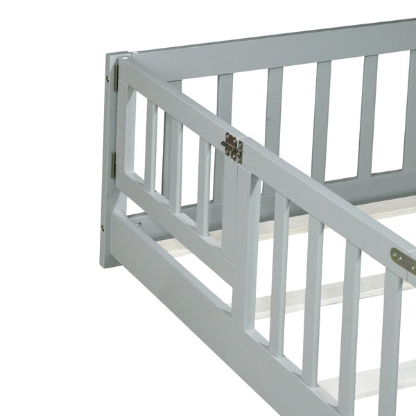 English Elm Twin Size Floor Bed With Built-In Fence & Door, Eco-Friendly Rubberwood Frame For Kids' Safety & Style W504P286372-GIGA