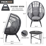 English Elm 3 Pieces Patio Egg Chairs (Model 2) With Side Table Set,Black Color Pe Rattan and Grey Cushion