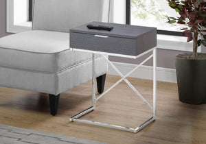 English Elm Accent Table – Modern Grey Laminate Nightstand With Chrome Metal Frame & Storage Drawer For Any Room B2710P219299