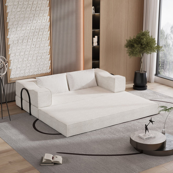 English Elm 80" Chenille Folding Floor Sofa Converts to King Sleeper with Modular Repositionable Arms Beige+White W1885P204171