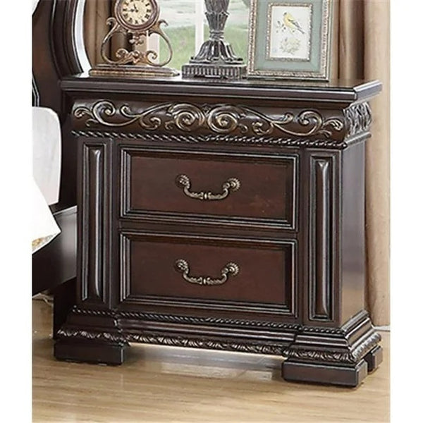 English Elm Traditional Solid Wood Nightstand with Carved Detail, 2 Drawers, Dark Cherry Finish, 29"L x30"H B011P353749