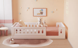 English Elm Wood Twin Size Platform Bed with Guardrail — Sturdy Pine & MDF Construction, Safe Low-Profile Design for Kids White N709P180836K