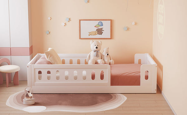 English Elm Wood Twin Size Platform Bed with Guardrail — Sturdy Pine & MDF Construction, Safe Low-Profile Design for Kids White N709P180836K