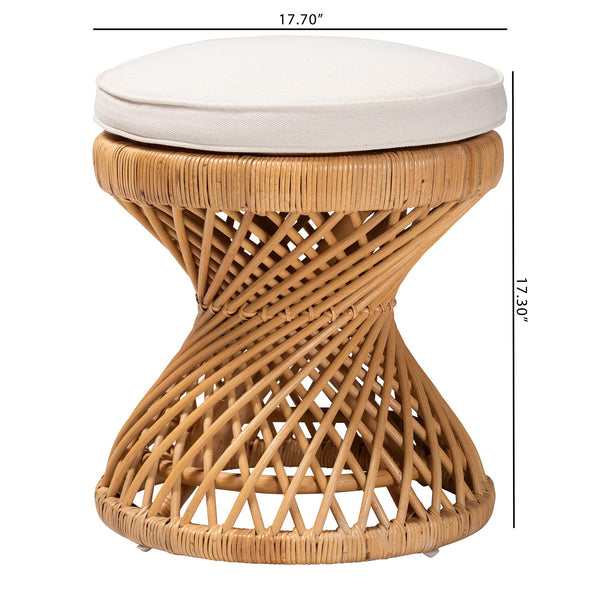 English Elm Bohemian Rattan Footstool with Hourglass Base Open Weave and Cushioned Seat B2750P420411