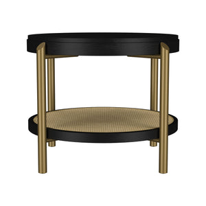 English Elm Round Two Tier Side Table with Rattan Shelf Aged Brass Legs for Living Room Black B016P469756