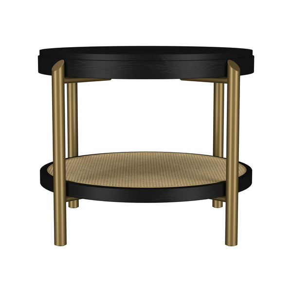 English Elm Round Two Tier Side Table with Rattan Shelf Aged Brass Legs for Living Room Black B016P469756