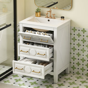 English Elm 24'' Bathroom Vanity with Ceramic Sink and 3 Drawers Retro Solid Wood Frame Freestanding Storage White N710P371184K