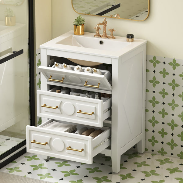 English Elm 24'' Bathroom Vanity with Ceramic Sink and 3 Drawers Retro Solid Wood Frame Freestanding Storage White N710P371184K