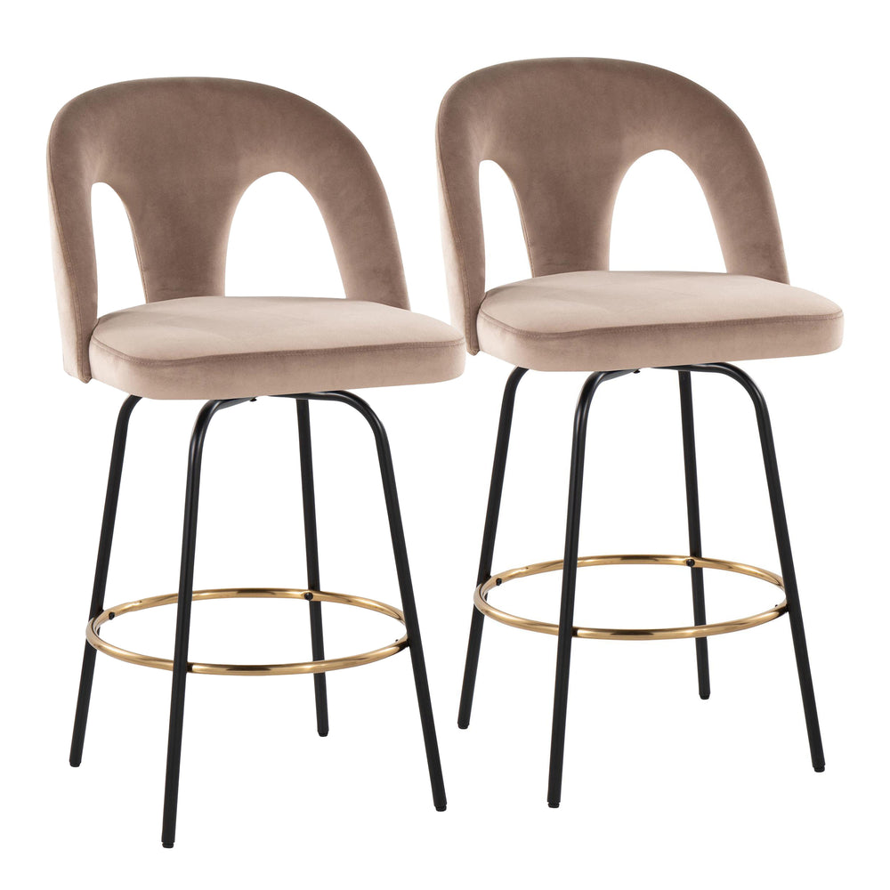 English Elm Fixed-height Swivel Counterstools with White Upholstery Gold Footrest Set of 2 Taupe B202S01792