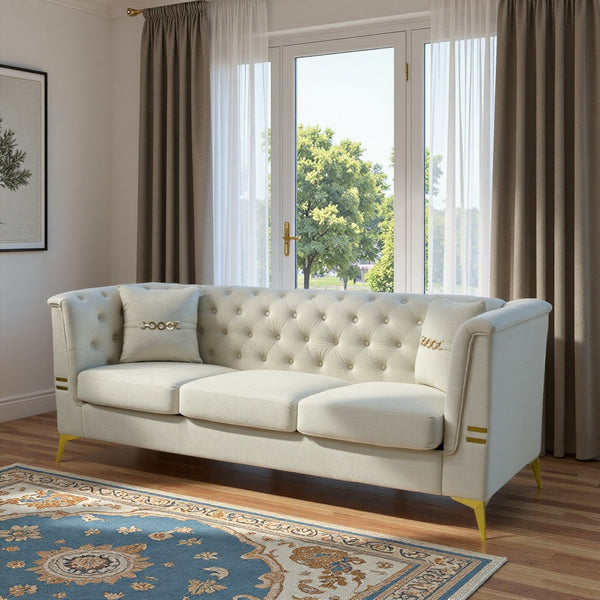 English Elm Fx-P83-Cw3 Elegant Mid-Century 3-Seater Velvet Sofa With Gold Legs, Plush Sherpa Upholstery & Removable Cushions W576S00216