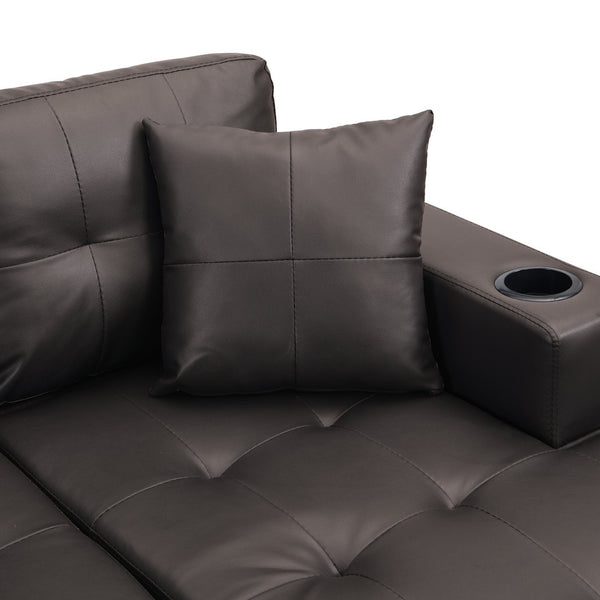 English Elm Sectional PU Sofa Set with L-Chaise, Built-In Cup Holders, Thick Foam Cushions, Modern 4-Seater Comfort Dark Brown 57.87 L x 28.35 W x 12.99 H W2297S00004