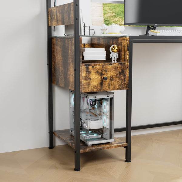 English Elm Computer Gaming Desk with RGB LED Lights, Reversible 4-Tier Shelves, Drawer & Headphone Hook, Space-Saving Workstation Brown W578P191951