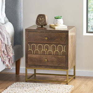 English Elm Christopher Knight Home® - NIGHT Mango Wood Nightstand Walnut with Gold Iron Legs, 3 Drawers, Mid-Century Modern Storage 68570.00