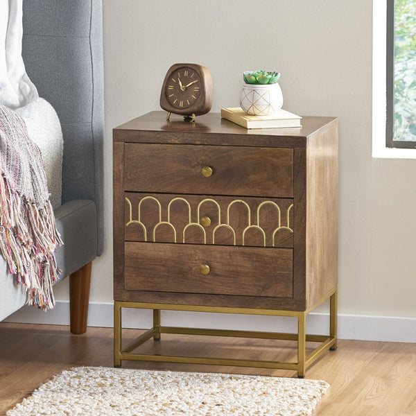 English Elm Christopher Knight Home® - NIGHT Mango Wood Nightstand Walnut with Gold Iron Legs, 3 Drawers, Mid-Century Modern Storage 68570.00