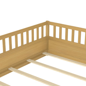 English Elm Full Full-Size Montessori Floor Bed with High Safety Fence, Clockwise Door, Pine Frame & Support Slats Natural Wood W1858P310086