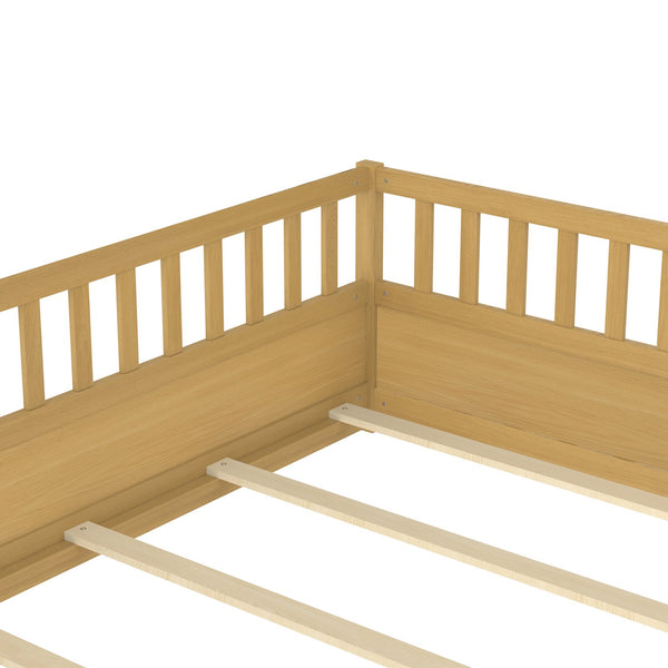 English Elm Full Full-Size Montessori Floor Bed with High Safety Fence, Clockwise Door, Pine Frame & Support Slats Natural Wood W1858P310086