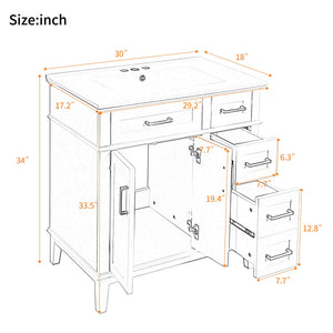English Elm 30" Freestanding Bathroom Vanity Ceramic Sink Soft Close Cabinet Gray Wood Frame Light Green N729P427118F