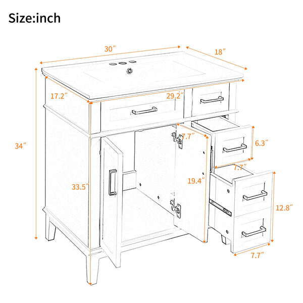 English Elm 30" Freestanding Bathroom Vanity Ceramic Sink Soft Close Cabinet Gray Wood Frame Light Green N729P427118F