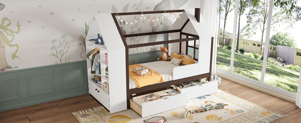 English Elm Twin House Frame Bed Pine Wood with Storage Drawers and Shelves for Kids Bedroom W1580S00573