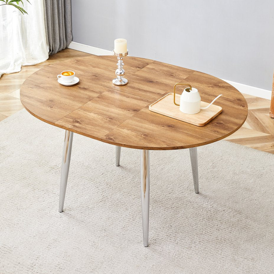 English Elm With Retractable Leaf Round Oval Mdf Top and Sleek Metal Legs Modern Dining Table Silver,Wood W1151S03944