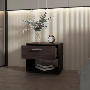 English Elm Stained Walnut Nightstand with Spacious Shelf and Single Drawer — Timeless Warmth, Sleek Rectangular Design B062P290276