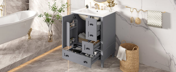 English Elm 24-inch Matte Bathroom Vanity Rubberwood Cabinet with Ceramic Sink and Soft-close Drawers Grey N729P377516E