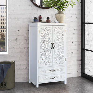 English Elm 27'' Rustic White Tall Tower Storage Cabinet with Carved Accent, Solid Wood Sideboard Drawer Pantry W2295P294585