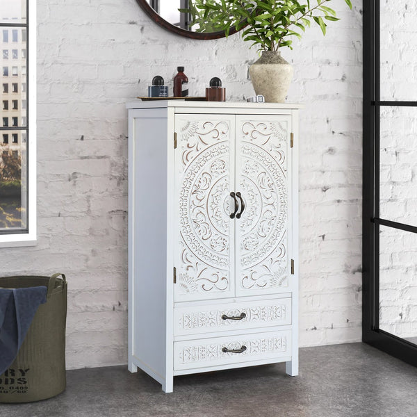 English Elm 27'' Rustic White Tall Tower Storage Cabinet with Carved Accent, Solid Wood Sideboard Drawer Pantry W2295P294585
