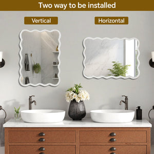 English Elm White 30"x40" Wavy Rectangle Solid Wood Frame Mirror - Tempered Glass, Rustic Chic Wall Decor for Entryway W2203P389066