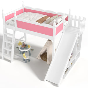 English Elm Twin Loft Bed Solid Pine Frame with Wardrobe Shelving Detachable Slide Kids Room Pink+White W5305S00016