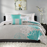 Madison Park Lola Transitional 6 Piece Printed Cotton Quilt Set with Throw Pillows MP13-2644 Aqua