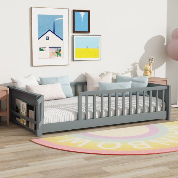 English Elm Twin Size Floor Bed With Book Rack & Playful Door - Cozy, Safe Design For Kids' Rooms In Grey W504P345768-GIGA