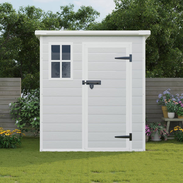 English Elm 6x6 Ft Resin Outdoor Storage Shed with Floor Lockable Doors Window and Vents W1598S00017