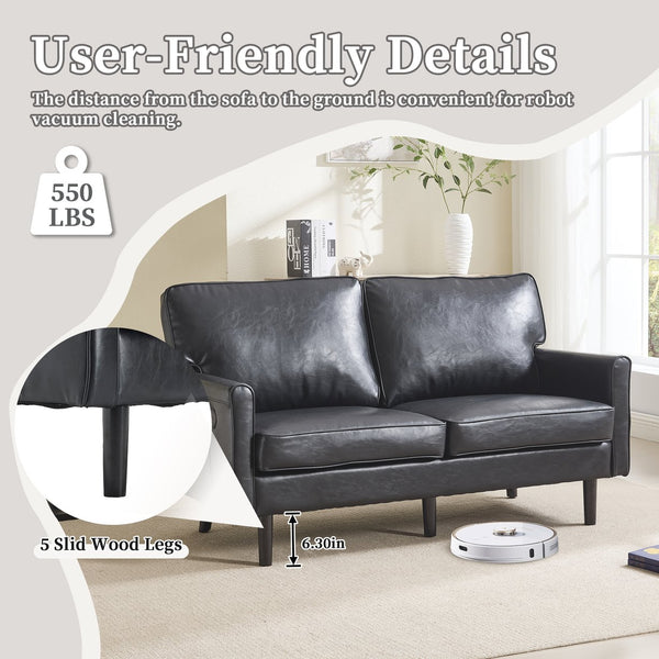 English Elm Loveseat Mid Century Modern Two-Seater Sofa with USB Type-C Charging, Removable Zipper Covers, Durable Wood Legs Black PU W395P238820