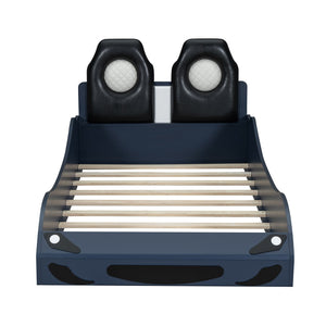 English Elm Wood Twin Race Car Platform Bed with LED Lighting, Upholstered Headrest, Sturdy Pine Build Blue GX002218AAC