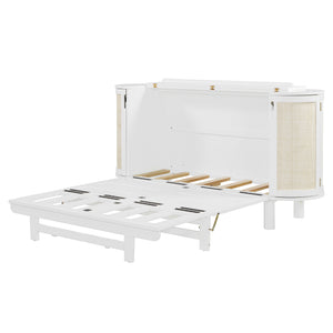 English Elm Full Murphy Bed with Woven Rattan Cabinet Front and Built-in Side Storage Units White LP000599AAK
