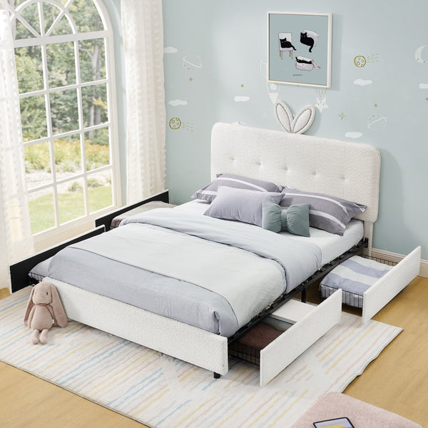 English Elm Full Size Kids Storage Bed Boucle Upholstered Rabbit Ear Headboard with Led Lighting Beige W1413P384924