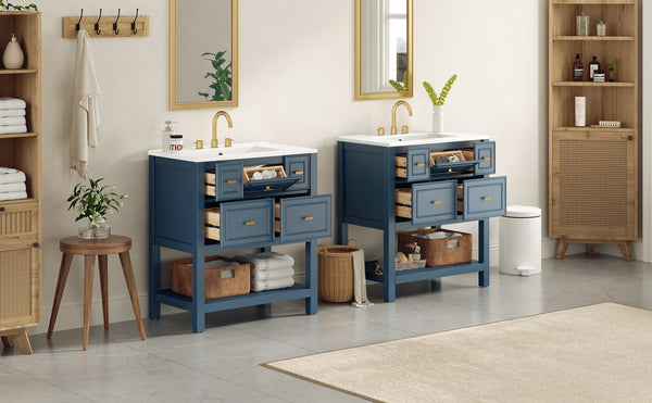 English Elm 60'' Bathroom Vanity Set With Ceramic Sink – Stylish Freestanding Storage Cabinet In Blue Finish N710SS00004C