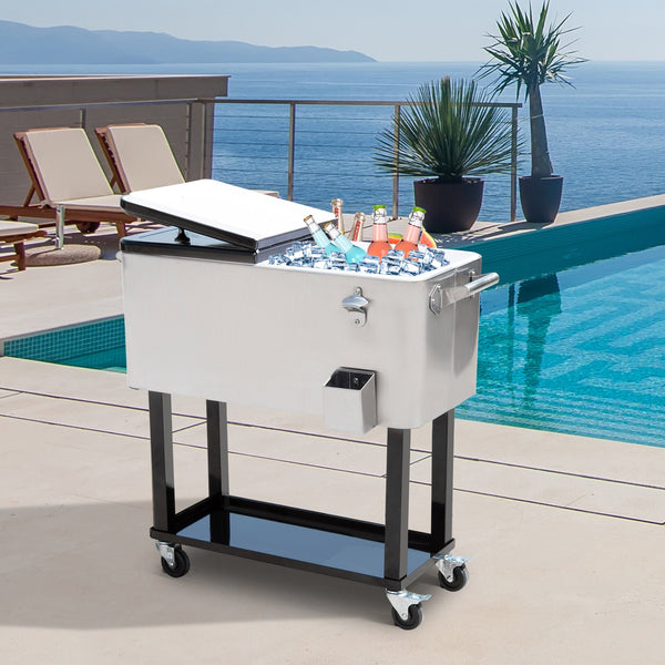 English Elm Outsunny 80 Quart Rolling Ice Chest Outdoor Beverage Cooler Cart with Locking Wheels W2225P229372