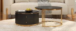 English Elm Modern Round Nesting Coffee Table Set with Gold Pedestal Legs and Storage Drawers Black N735P349323B