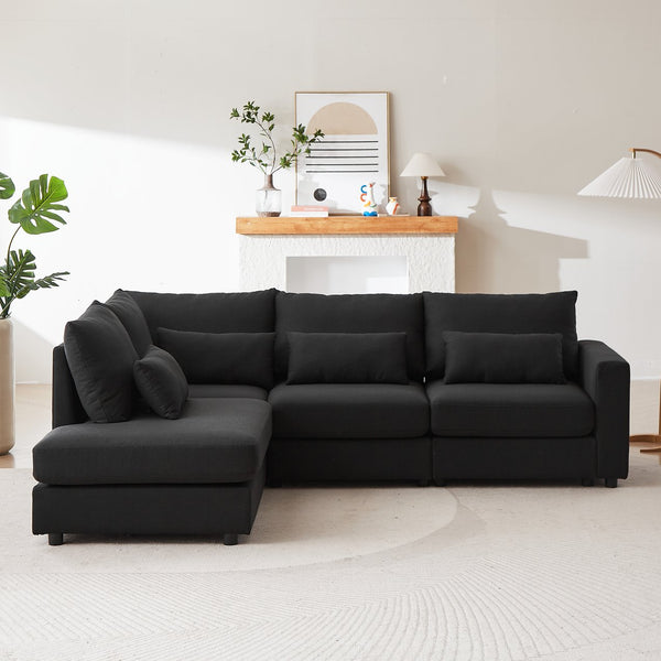 English Elm MH100.2" Sofa Convertible L-Shaped Linen Sectional with Movable Ottoman 5 Cushions 4 Lumbar Pillows Black W1193S00141