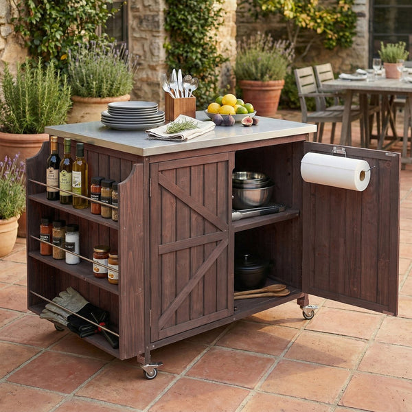 English Elm K&k Rolling Outdoor Kitchen Island Solid Fir Wood Stainless Steel Top Storage Cabinet Dark Brown N707P370287Z