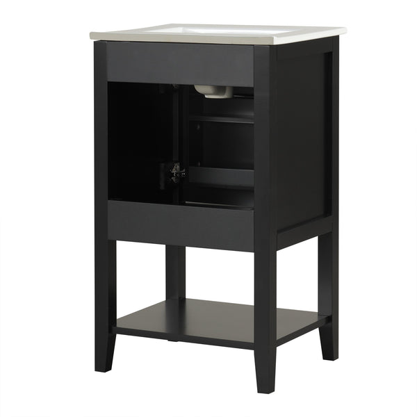 English Elm 20" Matte Freestanding Bathroom Vanity Rubberwood Cabinet Ceramic Sink Open Shelf Black N725P391115B