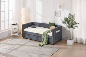 English Elm Twin Velvet Upholstered Daybed with Trundle, V-Pattern Backrest, USB Port, Side Pockets, Sturdy Design Grey W1361S00040