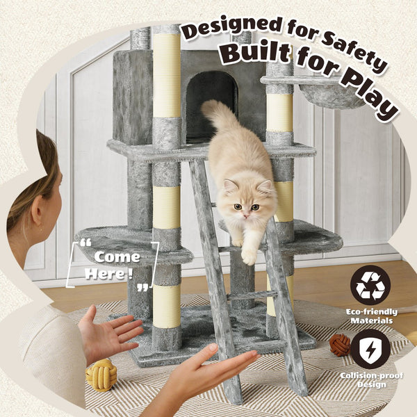 English Elm Large 7 Tier Plush Cat Tree with Dual Condos Hammock Sisal Posts for Multi Cat Homes Gray W1578P447623
