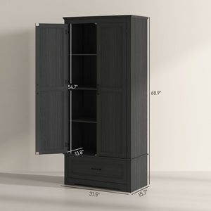 English Elm HOMCOM 67" Freestanding Kitchen Pantry Cabinet with 4 Doors, 6-Tier Adjustable Shelves, Rustic Charm Black W2225P249925