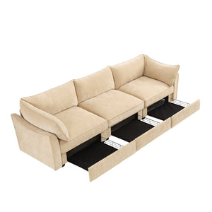 English Elm 3-Seater Sofa With Storage Drawers, Crescent Armrests & Soft Wheat Chenille For Modern Living Spaces W3041S00175